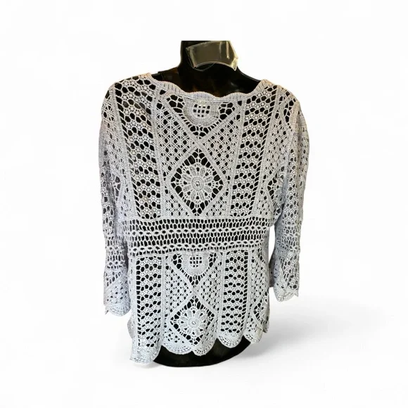 Ultra Pink Crochet Lace Blouse 100% Cotton Periwinkle Boho Top M - Picture 7 of 8